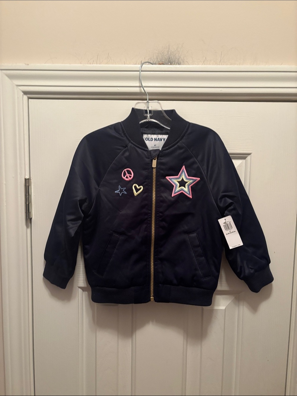 NWT Old Navy Navy Bomber Jacket with Colorful Patch Accents